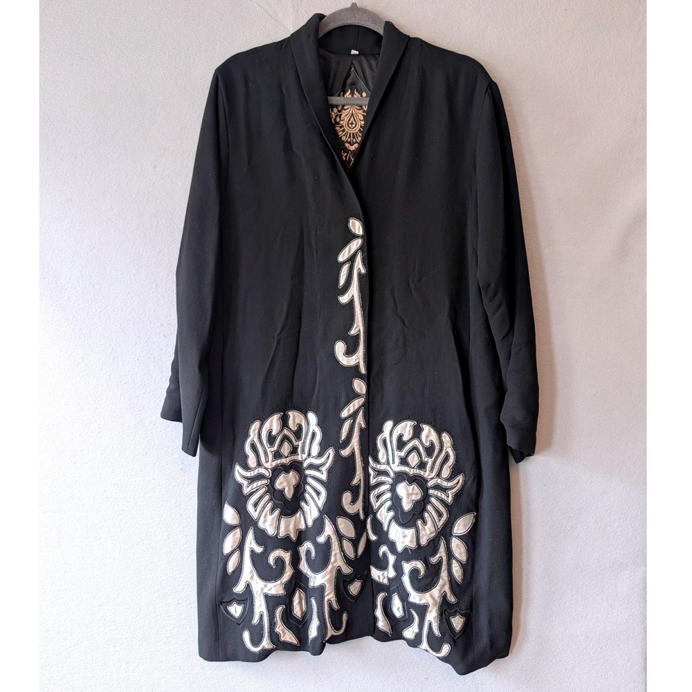 Biya by Johnny Was‎ Boho Applique Coat Black Wool Blend Silk Lined Womens Small